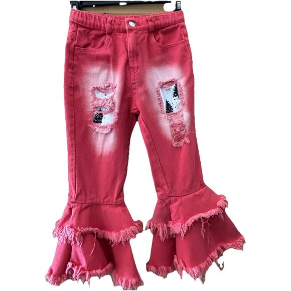 Girl Jeans Coral/Orange Distressed Christmas Tree Layered Bottom Size In Descrip - Picture 1 of 7